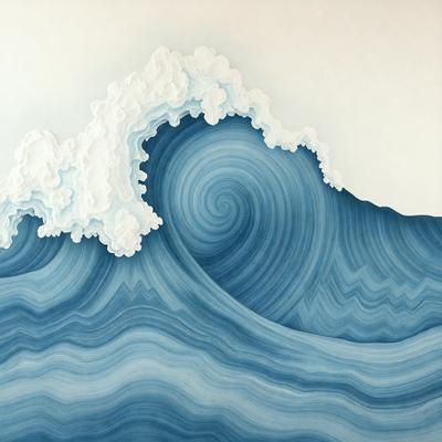 The primary subject of the image is a large, swirling wave in the ocean. The wave is depicted in a painting or drawing, with a blue and white color scheme. The setting is the ocean, with the wave as the main focus. The visual style is artistic, with the wave being the central element of the composition. The colors and mood convey a sense of power and movement, as the wave swirls and crashes against the ocean surface.